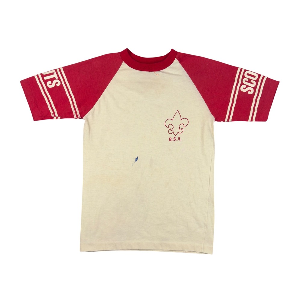 Vtg Boy Scouts BSA Raglan T-Shirt Adult S Red Natural USA Made 70s 80s Camp Tee